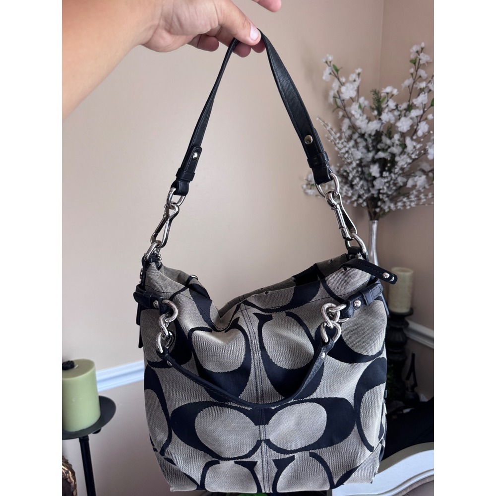 Coach Signature Op Art Maggie Black Gray Canvas Leather Shoulder Bag 14473M